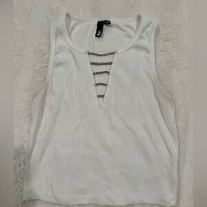 White Garage Cropped Tank with Rhinestones
